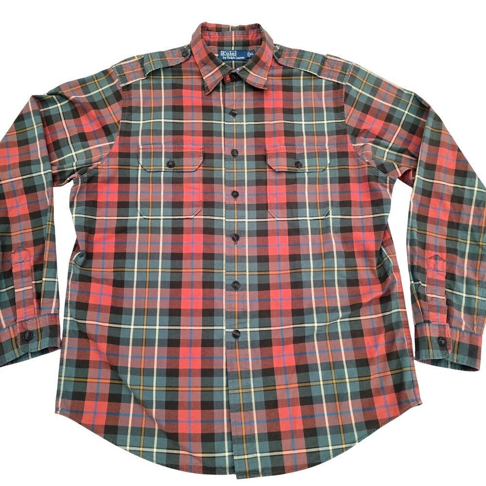 VTG Polo Ralph Lauren Plaid Shirt XL Safari Workwear Epaulets Utility Pockets